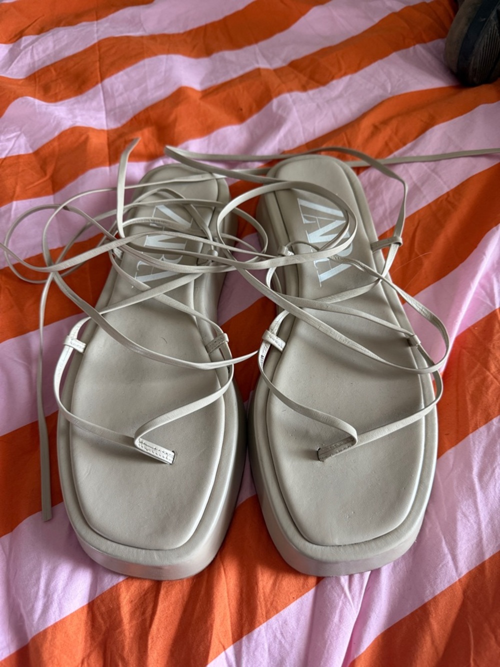 Zara Cream Lace-Up Square-Toe Sandals